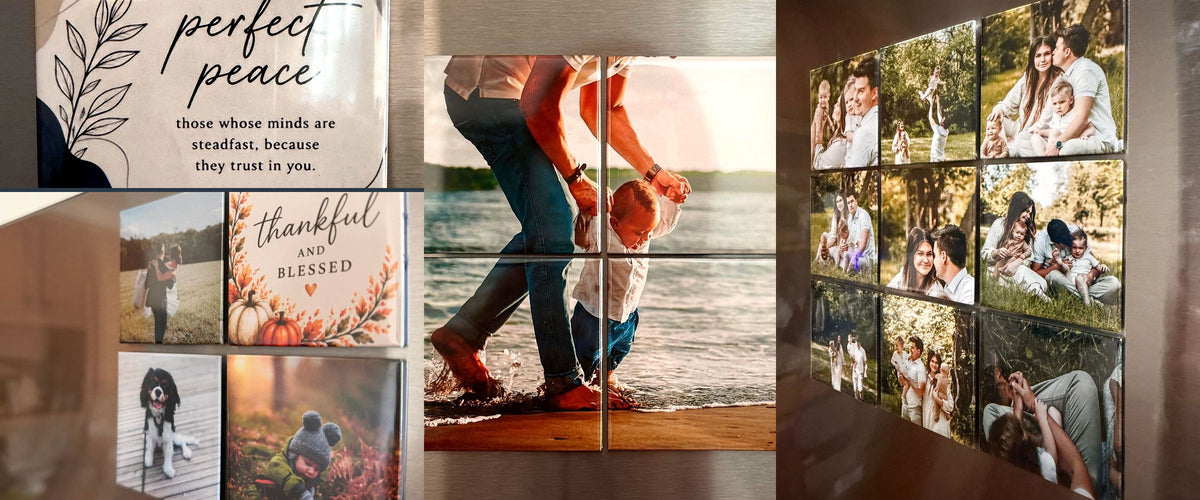 Photo magnets on a fridge door: family photographs, a pet, and a four-magnet mosaic of a parent lifting a child at the lake.