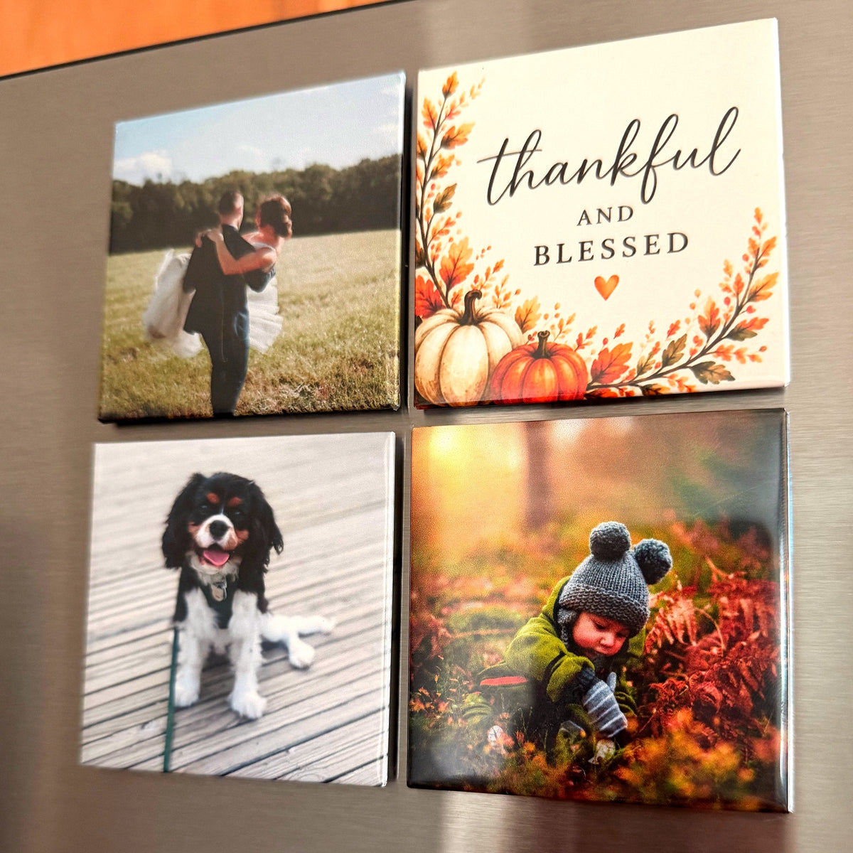 Four photo magnets in a square on a stainless steel fridge door