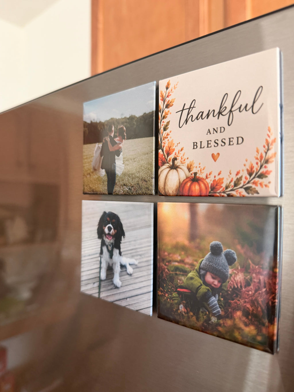 Four photo magnets on a fridge door, seen from the side