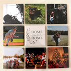 Nine photo magnets arranged in a grid on linen