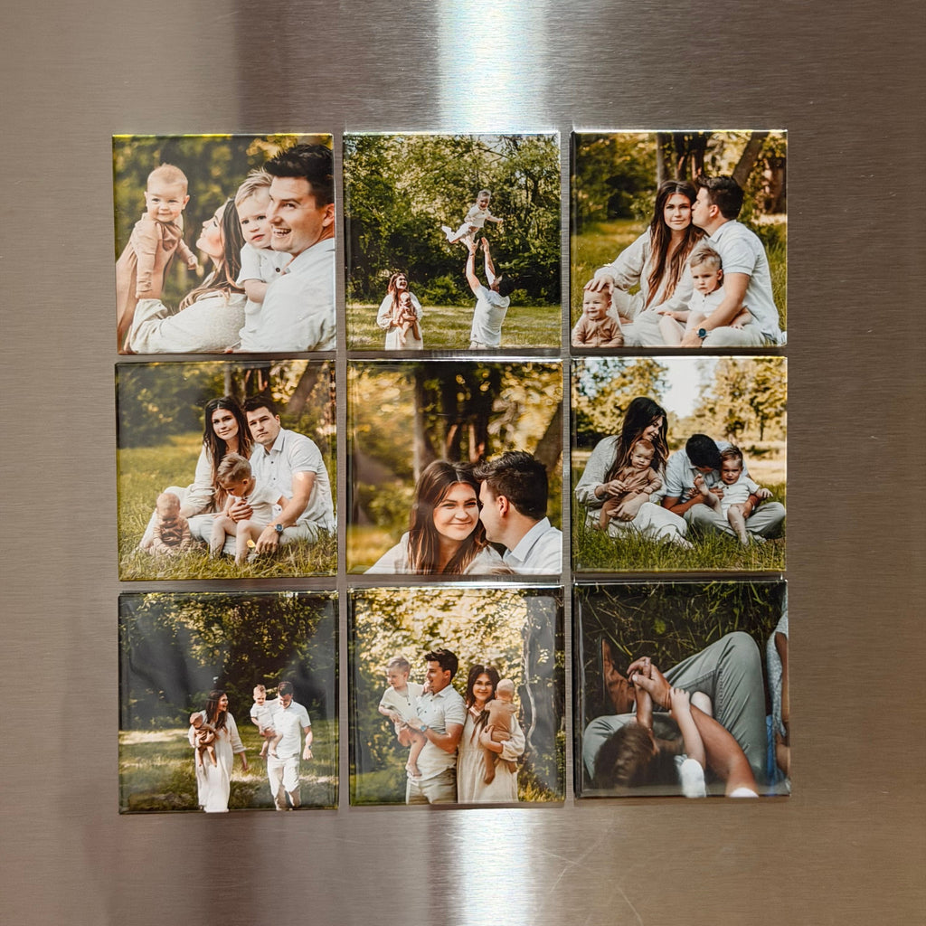 Nine family photo magnets in a three by three grid on a stainless fridge door