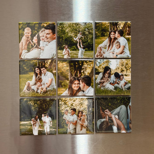 Nine family photo magnets in a three by three grid on a stainless fridge door