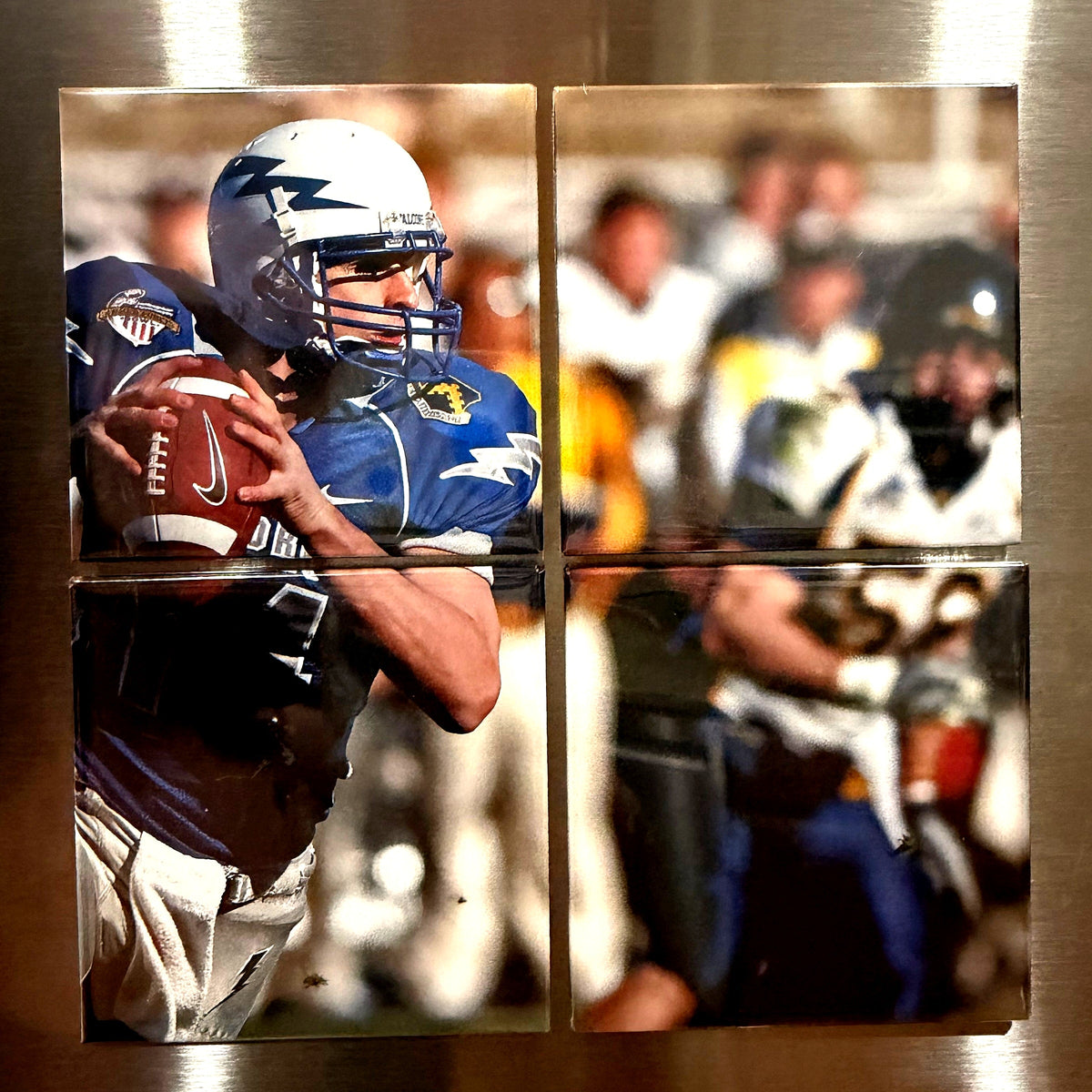 A four-magnet photo mosaic on a stainless steel fridge